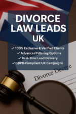Divorce Law Leads UK product image showing gavel, UK flag, and legal documents representing verified divorce clients.