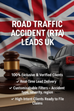 Road Traffic Accident (RTA) Leads UK product image showing gavel, car accident scene, and UK flag symbolising verified personal injury clients.