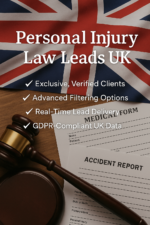 Personal Injury Law Leads UK product image showing gavel, accident report, and medical form representing verified personal injury claimants.