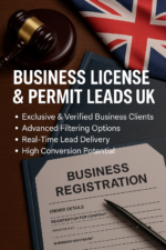 Business License & Permit Leads UK product image showing business documents, pen, and UK flag symbolising verified business registration clients.