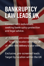 Bankruptcy Law Leads UK product image showing legal documents, UK currency, and a gavel symbolising verified bankruptcy clients.