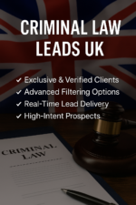Criminal Law Leads UK product image showing a gavel, UK flag, and legal case documents representing verified criminal defense clients.