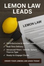 Lemon Law Leads product image showing lemon, car key, and legal paperwork representing defective vehicle claims.