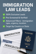 Immigration Law Leads product image showing passport, visa documents, and legal paperwork symbolizing verified immigration prospects.