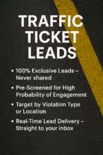 Traffic Ticket Leads product image showing car key, speeding ticket, and gavel symbolizing legal defense for traffic violations.